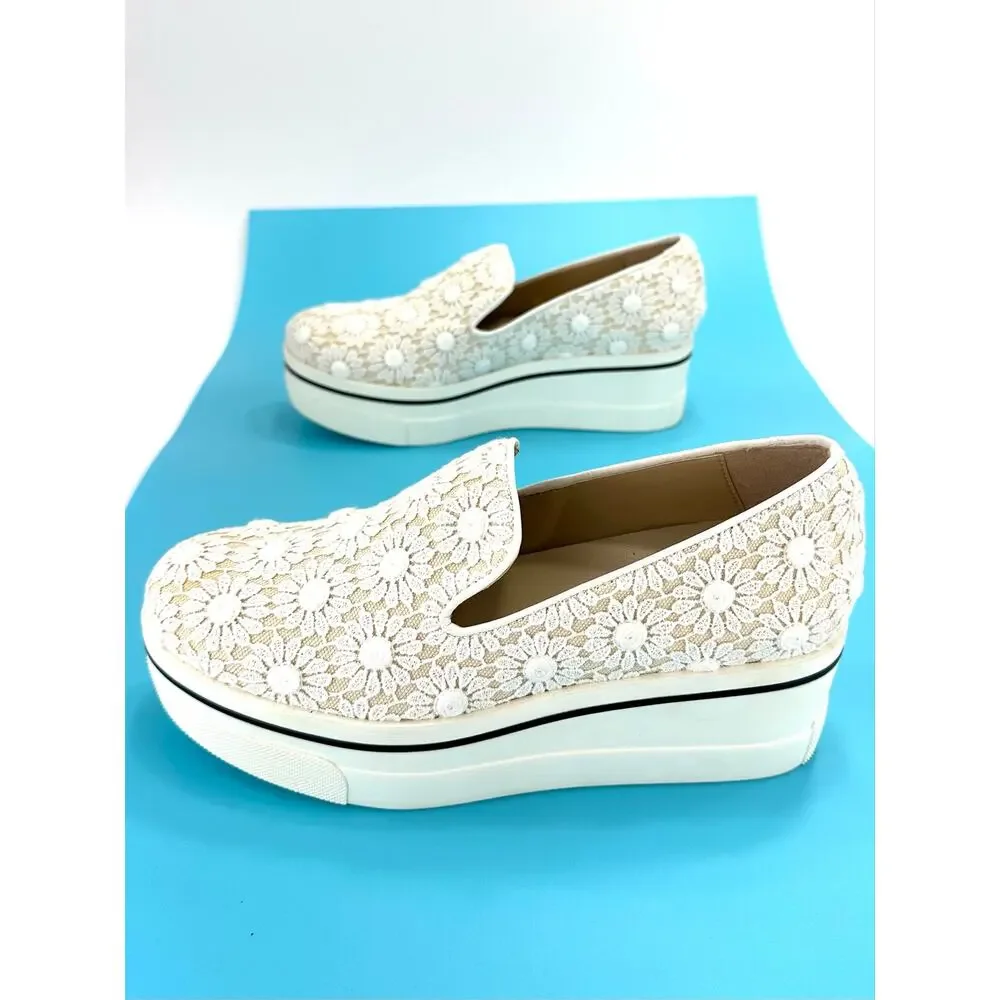 Stella McCartney Binx Platform Loafer Size 5/35 Tan/White Daisies Slip-On New
